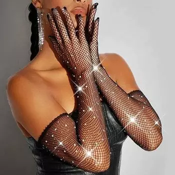 Сексуальные эластичные сетчатые перчатки со стразами, рыболовная сеть, рукава, женские, бриллиантовые, полные пальцы, тонкие длинные перчатки, одежда для клубной музыки и вечеринок One size чёрный