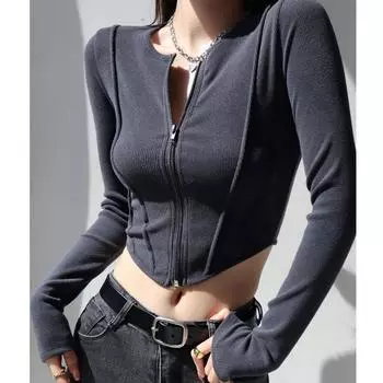 Сексуальные элегантные футболки с застежкой-молнией для женщин, футболки с высокой талией, спортивные топы для тренировок, велоспорта, повседневные футболки для девочек S чёрный