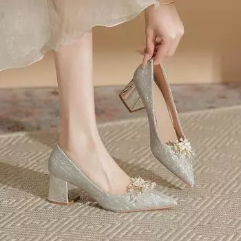 Сексуальные элегантные свадебные туфли для невесты, женские туфли-лодочки с острым носком, серебристые туфли на высоком каблуке, модные туфли с бисером на квадратном каблуке 42 золотой