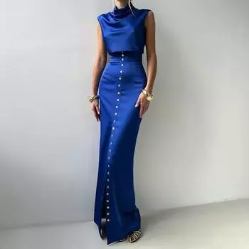 Сексуальные атласные длинные юбки, комплекты для женщин, 2 предмета, синие узкие топы с круглым вырезом на пуговицах, юбка с высокой талией и разрезом, новинка 2025 года в подборке нарядов S