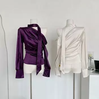 Сексуальные атласные рубашки с открытыми плечами, однотонные женские элегантные блузки с длинным рукавом, туники с длинным рукавом, французская винтажная эстетическая весенняя одежда S фиолетовый