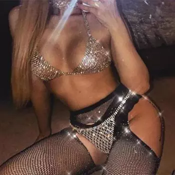 Сексуальные аксессуары для тела Shinny Stonefans, сетчатый бюстгальтер со стразами и стринги, комплект для женщин, ювелирные изделия для тела с кристаллами, нижнее белье, трусики Thong золотой