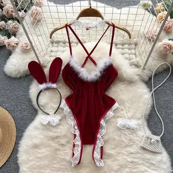 Сексуальные бархатные чувственные боди с открытой спиной, женские кружевные лоскутные боди для косплея, костюмы для косплея, женский кролик Kawaii, нижнее белье с открытой промежностью, комбинезоны 2024 One Size