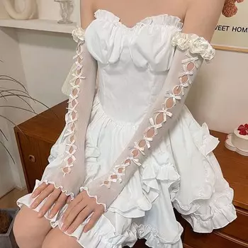 Сексуальные белые полые атласные кружевные перчатки с бантом в стиле Лолиты для невесты, тонкие солнцезащитные рукава с рукавами, женские летние солнцезащитные варежки без пальцев One Size чёрный