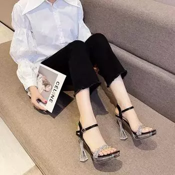 Сексуальные блестящие женские босоножки со стразами, прозрачные туфли на платформе для вечеринок, квадратный носок, пряжка, ремешок, кристаллы, высокие каблуки 35