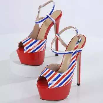 Сексуальные босоножки на каблуке женские на платформе красные и синие в полоску в тон цвета шпильки высокие каблуки с пряжкой на щиколотке вечерние туфли для ночного клуба 35