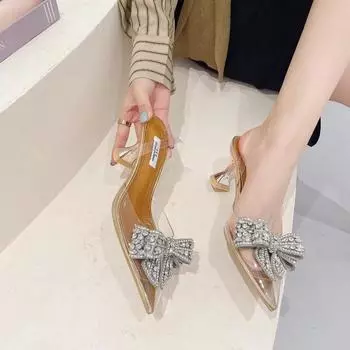 Сексуальные босоножки на тонком каблуке с прозрачным носком из ПВХ, летние свадебные туфли для выпускного вечера со стразами и бабочкой 35 серебряный