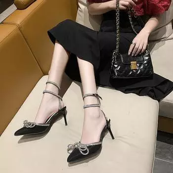 Сексуальные босоножки на тонком каблуке со стразами в стиле феи 2025 года, новые летние черные босоножки на высоком каблуке 34 чёрный