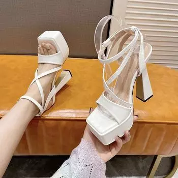 Сексуальные босоножки на высоком толстом каблуке 15 см, женские темпераментные босоножки на платформе с квадратным носком и открытым носком, пряжкой на щиколотке, для вечеринок и клуба 35 белый