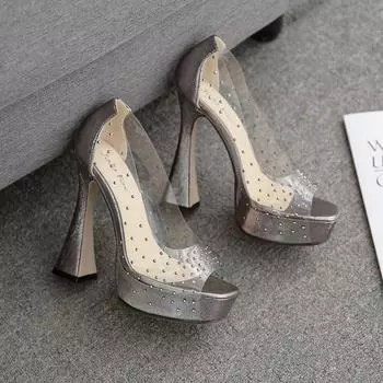 Сексуальные босоножки с открытым носком на платформе, украшенные прозрачными стразами из ПВХ, туфли на каблуке 13 см для вечеринки и свадьбы для женщин 35