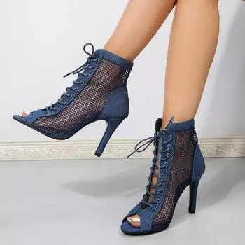 Сексуальные босоножки с сеткой на высоком каблуке, женские босоножки на каблуке с открытым носком и перекрестными шнурками, танцевальная обувь с ремешком на щиколотке, сетчатые босоножки 35 чёрный
