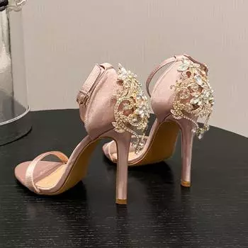 Сексуальные босоножки женские атласные с открытым носком на высоком каблуке со стразами сзади на щиколотке пряжка для вечеринки подиумная женская обувь 35