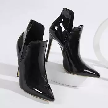 Сексуальные ботильоны из лакированной кожи с острым носком и боковой молнией для женщин, черные эластичные туфли на тонком высоком каблуке Bottines 35