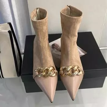 Сексуальные ботильоны с острым носком на тонком низком каблуке для женщин, осенняя мода, отделка металлической цепочкой, кожа, бархат, дизайн, ботильоны 35