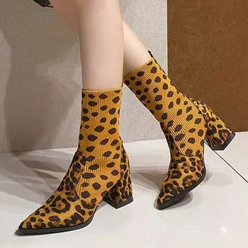 Сексуальные ботильоны с острым носком и леопардовым принтом, туфли на высоком каблуке, трендовые массивные ботинки челси, зимние новые туфли-лодочки для вечеринок, женские ботинки 35
