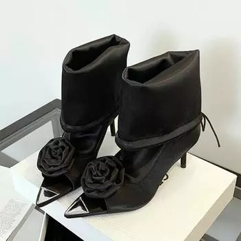 Сексуальные ботильоны с острым носком и открытым носком, женские осенние мягкие удобные женские ботинки со съемным модным цветочным дизайном, тонкие ботинки на высоком каблуке 35 джинсовый синий