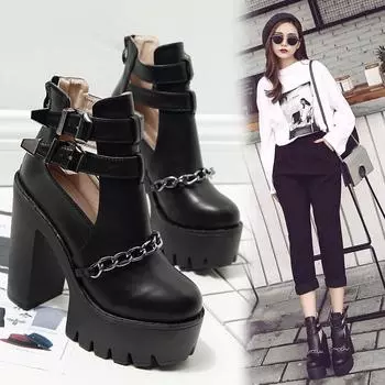 Сексуальные ботильоны, женские повседневные ботильоны на высоком каблуке с вырезами и пряжкой, обувь на платформе с круглым носком и цепочкой на толстом каблуке 42 чёрный