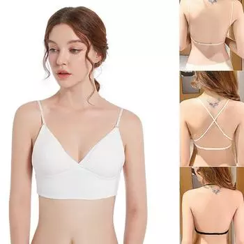 Сексуальные бюстгальтеры с низкой спинкой, удобное нижнее белье без косточек, нижнее белье из ледяного шелка, бюстгальтер пуш-ап, женский летний U-образный тонкий бюстгальтер без косточек, топ на бретелях S белый