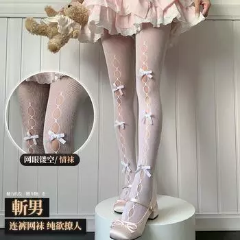 Сексуальные черно-белые полые перспективные японские чистые кружевные банты ажурные носки ретро секс комбинезон чулки 3429 one size fits all чёрный
