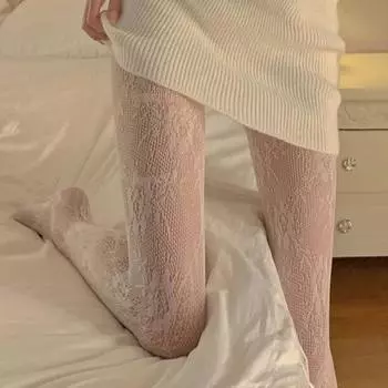 Сексуальные черные белые чулки в сеточку с кружевом в стиле Лолиты, колготки с низкой посадкой, японские готические цветочные чулки из ротанга, горячие классические колготки чёрный