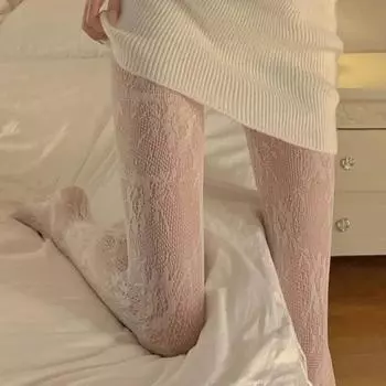 Сексуальные черные белые чулки в сеточку с кружевом в стиле Лолиты, колготки с низкой посадкой, японские готические цветочные чулки из ротанга, горячие классические колготки one size белый