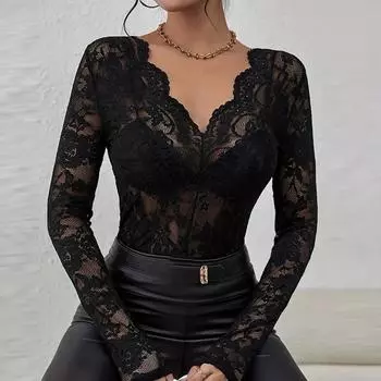 Сексуальные черные кружевные футболки женские модные длинные рукава V-образный вырез женские топы весна осень длинные рукава футболки футболка S чёрный