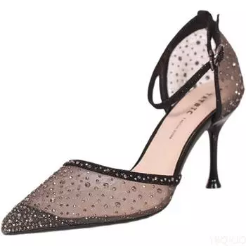 Сексуальные черные сетчатые туфли на высоком каблуке, женские летние туфли 2024 года с острым носком и кристаллами, женские блестящие туфли на щиколотке с ремешком для вечеринки 34 чёрный