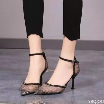 Сексуальные черные сетчатые туфли на высоком каблуке, женские летние туфли 2024 года с острым носком и кристаллами, женские блестящие туфли на щиколотке с ремешком для вечеринки 34 чёрный