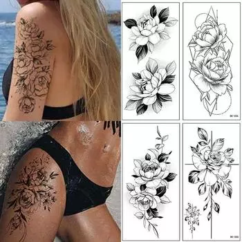 Сексуальные Цветочные Временные Татуировки Для Женщин Реалистичные Поддельные Черная Роза Водонепроницаемые Татуировки Боди-Арт Живопись Руки Ноги Татуировки Наклейки 1