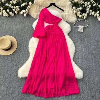 Сексуальные длинные платья с вырезом и наклонной шеей без бретелек и разделенной талией для отдыха S ярко-розовый