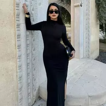 Сексуальные длинные платья с вырезом под горло и разрезом по бокам, женское облегающее элегантное платье с длинными рукавами, весенние однотонные вечерние халаты S чёрный