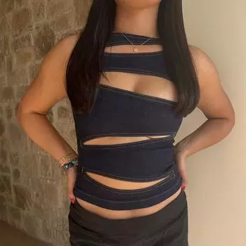 Сексуальные джинсовые жилеты с открытыми плечами для женщин, модные облегающие футболки без рукавов с круглым вырезом для горячих девушек, облегающие прозрачные майки, женские жилеты для пляжных вечеринок S чёрный