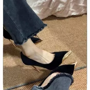 Сексуальные французские черные туфли на высоком каблуке с металлическим заостренным носком, весна 2025, женские туфли на шпильке нового дизайна 35