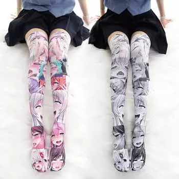 Сексуальные гольфы для косплея Ahegao с 3D принтом в стиле аниме «Лолита», длинные чулки с японскими героями мультфильмов, плотные высокие носки 65 см серый