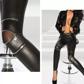 Сексуальные готические нерегулярные эластичные брюки из искусственной кожи Черные колготки XL чёрный