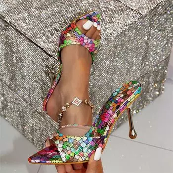Сексуальные камуфляжные женские шлепанцы на тонком высоком каблуке, летние шлепанцы с острым носком и острым носком для банкетных вечеринок 36 разноцветный