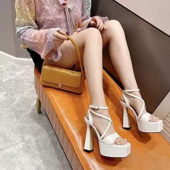Сексуальные/клубные белые босоножки на платформе с открытым носком и очень высоким каблуком, женские туфли с квадратным носком и узким ремешком с пряжкой для вечеринки и свадьбы 35
