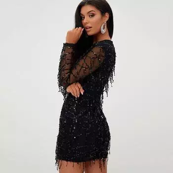 Сексуальные клубные платья для вечеринок, женское летнее платье с высокой талией и блестками, женское повседневное черное короткое платье с длинными рукавами, Vestidos 19207 S чёрный