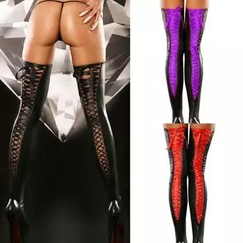 Сексуальные клубные женские чулки до бедра, длинные носки из искусственной кожи со шнуровкой и повязкой