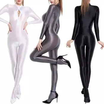 Сексуальные комбинезоны, женские комбинезоны с длинными рукавами и длинными рукавами, эластичные боди, шелковистые блестящие блестящие комбинезоны One Size