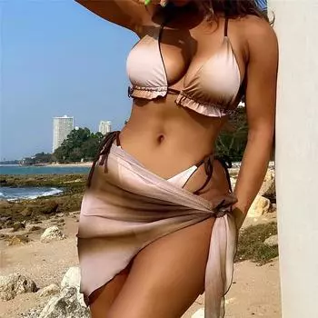 Сексуальные комплекты бикини с бретельками и принтом Tie Dye, купальник из 3 предметов, микро-стринги, треугольное бикини 2024, пляжная одежда Mujer S коричневый