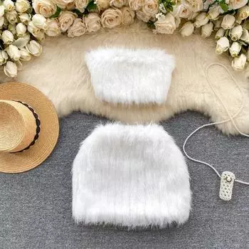 Сексуальные комплекты из двух предметов American Hot Girl, женские короткие топы без бретелек + пышная мини-юбка, женские лоскутные модные однотонные костюмы с перьями 2024 S белый