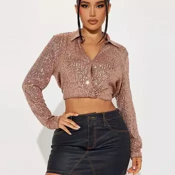 Сексуальные короткие топы, осенняя элегантная блузка с блестками, отложной воротник, модная рубашка с двумя пуговицами, женская одежда с длинными рукавами 30474 S шампанского