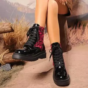 Сексуальные красные леопардовые ботильоны для женщин, осенние лакированные кожаные мотоциклетные ботинки со шнуровкой, женские короткие ботинки на толстой платформе 36 красный