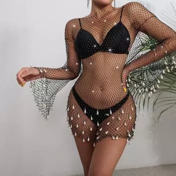 Сексуальные красотки пляжное ажурное ромбовидное полое женское платье XS чёрный