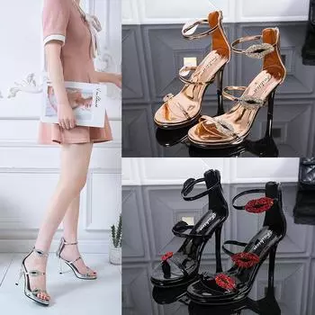 Сексуальные кристально-красные босоножки на высоком каблуке с открытым носком на шпильках женские черные серебристые блестящие ремешки для губ гладиаторские туфли с вырезом для банкета 34 серебряный