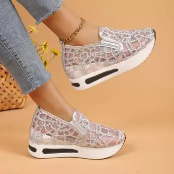 Сексуальные кружевные блестки модные женские туфли новые дышащие легкие повседневные вулканизированные туфли удобные универсальные сандалии 2024Новинка 35 чёрный