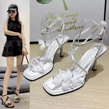 Сексуальные кружевные босоножки на высоком каблуке-шпильке с бантом, женские летние модельные сандалии с квадратным открытым носком и ремешком на щиколотке, женская элегантная обувь для вечеринок 35 бежевый