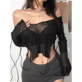 Сексуальные кружевные черные футболки с V-образным вырезом и длинным рукавом для женщин, женская клубная одежда, сетчатые блузки, прозрачные укороченные топы S чёрный