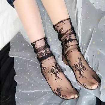 Сексуальные кружевные чулки, белые женские прозрачные носки, забавные мягкие черные носки в сеточку с цветочным принтом One Size белый